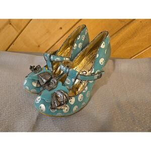 Irregular Choice Heart Skull Heels Sz 7.5 Teal Silver Suede Snap Buttom